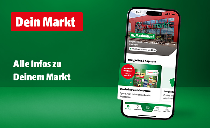 Auf einem Smartphone ist die hagebau App abgebildet. In unserer App findest alle Infos zu Deinem ausgewählten Markt in Deiner Nähe.