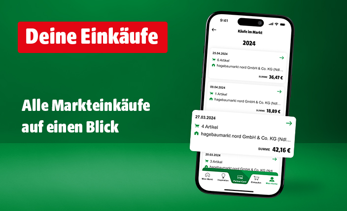 Auf einem Smartphone ist die hagebau App abgebildet. In der App hast du alle Markteinkäufe auf einem Blick.