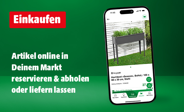 Auf einem Smartphone ist die hagebau App abgebildet. Der gewünschte Artikel kann online in Deinem Markt reserviert und abgeholt werden, oder geliefert werden lassen.