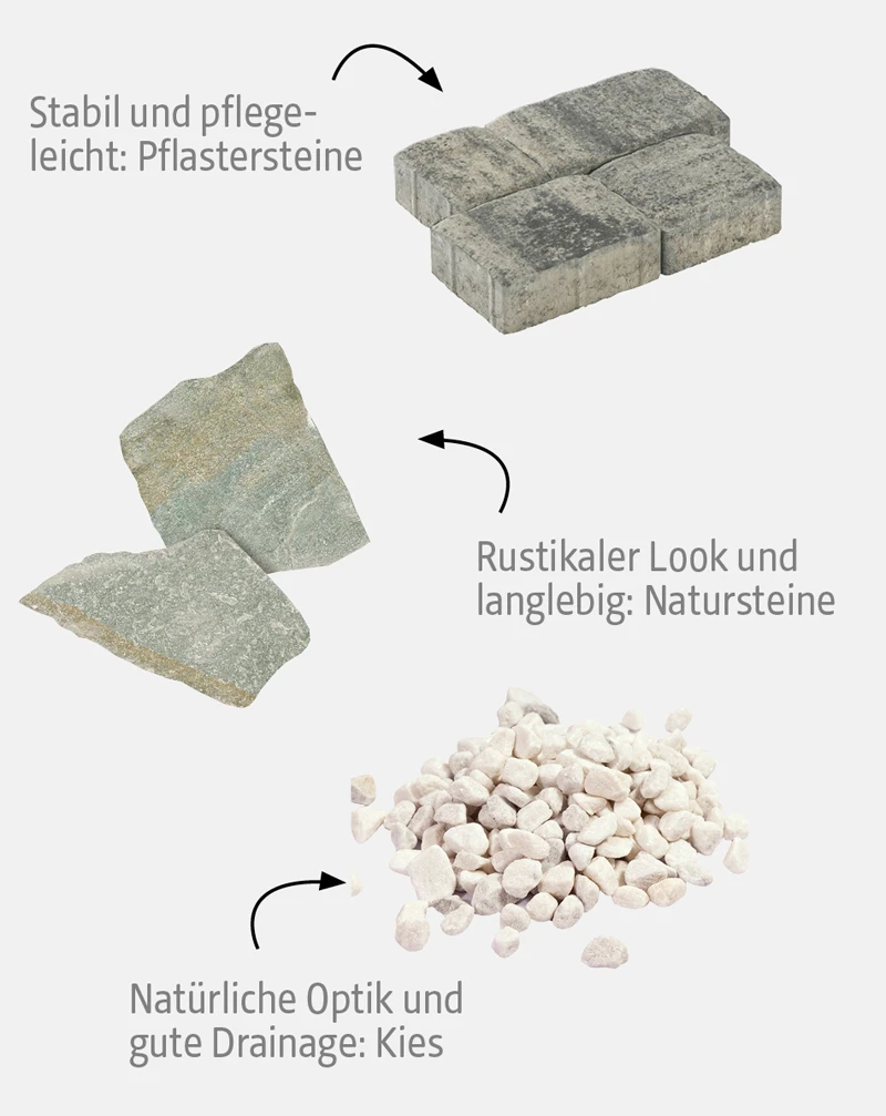 Drei Freisteller von Pflastersteinen, Natursteinen und Kies