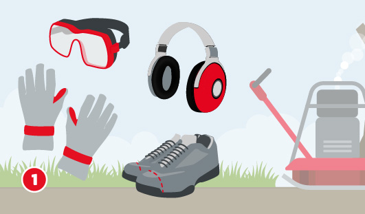 Skizze von benötigter Schutzkleidung; Schutzbrille, Handschuhe, Kopfhörer und geschütztes Schuhwerk