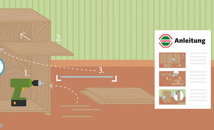 Eine schematische Darstellung zeigt den Aufbau eines Kleiderschranks aus Holz. Eine Seitenwand wird mit einer Holzplatte verbunden, daneben liegt weiteres Montagematerial bereit. Eine Bohrmaschine ist im Einsatz. Rechts ist ein Anleitungsblatt mit drei bebilderten Schritten zu sehen