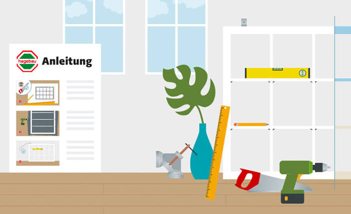 Eine schematische Darstellung zeigt den Aufbau eines Regals in einem hellen Raum. Im Vordergrund liegen Werkzeuge wie Wasserwaage, Säge, Bohrmaschine, Bleistift und Zollstock bereit. Rechts steht ein weißes Regal, links ein Anleitungsblatt mit drei bebilderten Schritten