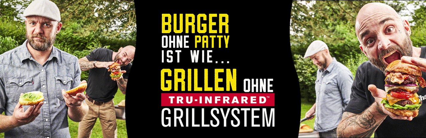 Abbildung von vier Männern die sich sich Burger anschauen mit einer Abbildung in der Mitte zu "tru-infrared" Grillsystemen