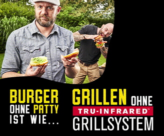 Abbildung von zwei Männern die sich sich Burger anschauen mit einer Abbildung in der Mitte zu "tru-infrared" Grillsystemen