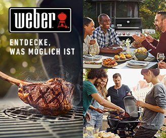 Weber Banner Grill mit vielen Leuten drum herum die viel spaß haben