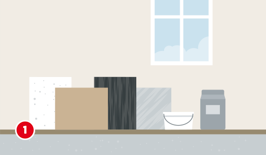 Illustration mit dem Titel „Schritt 1“ einer Hagebau-Anleitung zur Kaminverkleidung. Verschiedene Materialien stehen nebeneinander bereit: weiße Wärmedämmplatte, braune Bauplatte, schwarze Speicherelemente, graue Natursteinplatte, ein Eimer mit Kleber oder Putz sowie ein Sack Mörtel oder Fugenmasse.