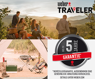 Weber Banner von Leuten die mit einem Grill Campen und ein Wappenmit fünf Jahre Garantie jetzt