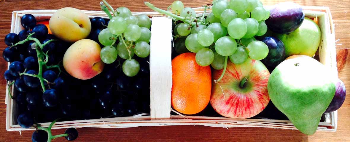 Obstkorb mit Trauben, Aprikosen, Mandarine, Apfel, Birne und Pflaumen.