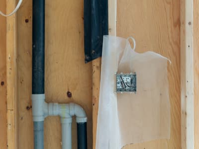 Foto einer offenen Wandkonstruktion aus Holz mit sichtbaren Wasser- und Abflussrohren