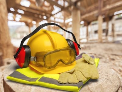 Schutzausrüstung mit Helm, Gehörschutz, Schutzbrille, Handschuhen und Warnweste.