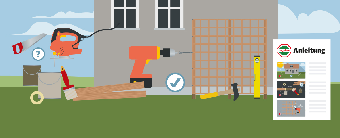 Illustration einer Baustelle vor einem Haus mit zwei Fenstern. Im Vordergrund befinden sich Werkzeuge und Materialien: Handsäge, Stichsäge, Akkuschrauber, Holzlatten, Farbeimer, Pinsel, Klebeband, Wasserwaage, Hammer und eine fast fertige Rankhilfe aus Holzlatten. Daneben ist eine Anleitung von "hagebau" mit dem Titel "Anleitung" zu sehen. Die Anleitung enthält eine Schritt-für-Schritt-Bildfolge mit erklärenden Texten.
