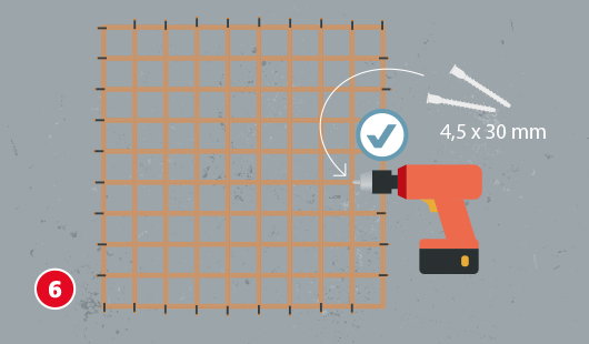 Ein fertiges Rankgitter aus Holzleisten wird auf einer grauen Fläche dargestellt. Rechts daneben ein Akkuschrauber, Schrauben mit der Beschriftung „4,5 × 30 mm“ und ein Häkchen-Symbol.