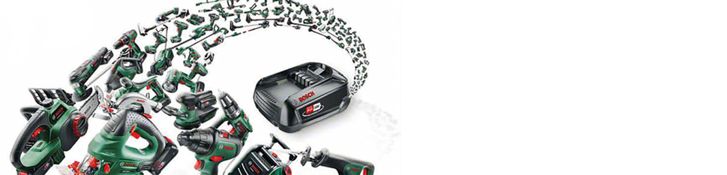 Bosch Artikel darstellung von einigen Artikeln mit einem Bosch Akku im vordergrund