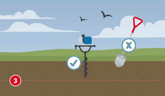 Zaunpfosten-setzen-Schritt-3.jpg Illustration mit dem Titel „Schritt 3“ einer Bauanleitung von Hagebau. Zwei Werkzeuge sind abgebildet: ein Erdbohrer links mit einem Häkchen als Empfehlung und eine Schaufel rechts mit einem X als Hinweis, dass sie nicht verwendet werden soll. Beide Werkzeuge befinden sich über einem Erdloch. Im Hintergrund sind eine Wiese, Wolken und fliegende Vögel zu sehen. Die Szene zeigt, dass zum Ausheben eines Pfostlochs ein Erdbohrer besser geeignet ist als eine Schaufel.