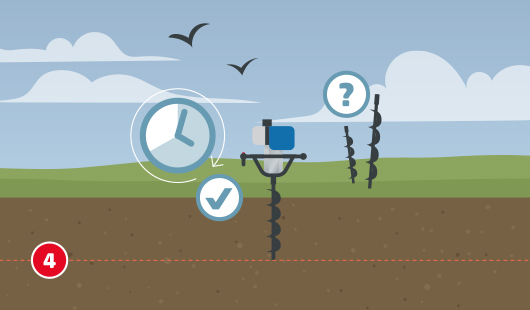 Zaunpfosten-setzen-Schritt-4.jpg Illustration mit dem Titel „Schritt 4“ einer Bauanleitung von Hagebau. Zwei Erdbohrer sind abgebildet: im Vordergrund ein eingesetzter Bohrer mit Häkchen und Uhrsymbol, das auf Wartezeit oder gleichmäßiges Bohren hinweist. Im Hintergrund ein zweiter Bohrer mit einem Fragezeichen, der nicht im Boden ist. Die Szene betont, dass beim Bohren mit dem richtigen Gerät sorgfältig und gleichmäßig vorgegangen werden soll. Im Hintergrund: Wiese, Wolken und fliegende Vögel.