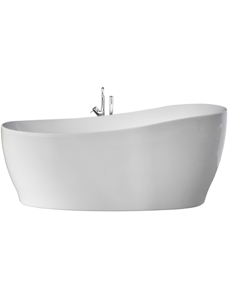 Eine freistehende Badewanne mit geschwungener Form steht vor weißem Hintergrund