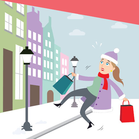 Illustration einer Frau mit Einkaufstaschen, die auf winterlich glattem Gehweg ausrutscht.