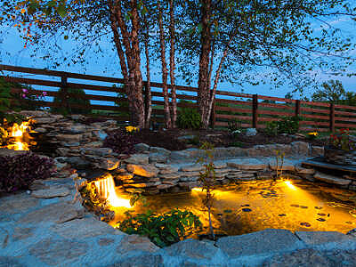 Ein stimmungsvoll beleuchteter Gartenteich in der Abenddämmerung mit mehreren kleinen Wasserfällen, die über Natursteinmauern fließen. Unterwasserleuchten tauchen das Wasser in warmes Licht. Im Hintergrund stehen Birkenbäume und ein Holzlattenzaun