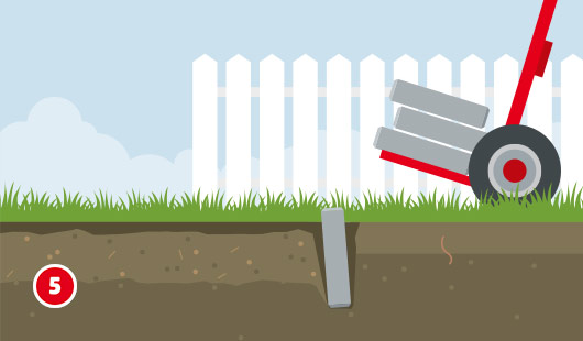 Skizzierte Abbildung einer Sackkarre, die Pflastersteine zu einem Gartenbeet befördert