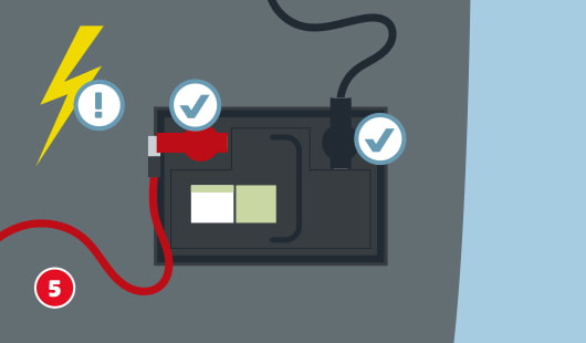 Illustration einer Autobatterie mit einer roten und schwarzen Polkappe, neben den Kappen ist ein Hakensymbol zu sehen, neben der Batterie ein Symbol von einem Blitz mit einem Ausrufezeichen