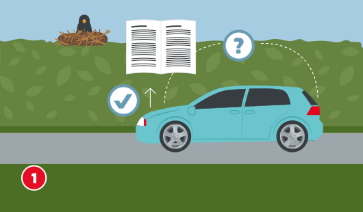 Illustration eines Autos darüber ein Handbuch und ein Fragezeichensymbol, über der Motorhaube des Autos ist ein Pfeil abgebildet, der nach oben zeigt, daneben ein Symbol von einem Haken