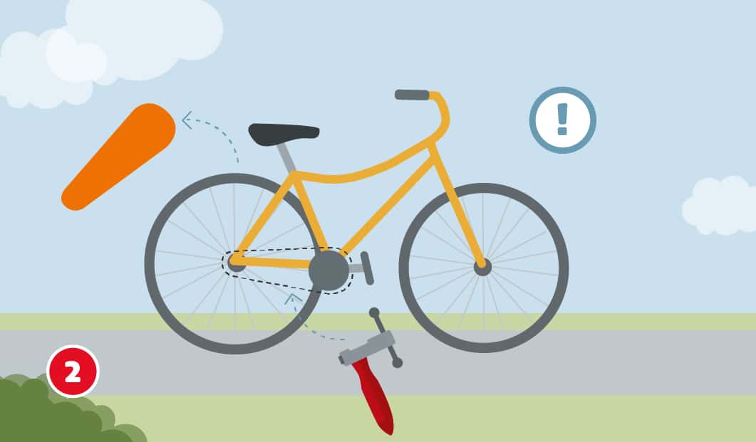 Illustration eines Fahrrads mit demontiertem Kettenschutz, unter dem Rad ist ein Kettennieter zu sehen