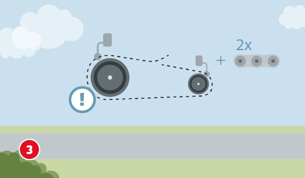 Illustration von zwei Kettenblättern, die mit einer Fahrradkette verbunden sind, daneben ist ein Kettenstück mit der Angabe "2x" zu sehen