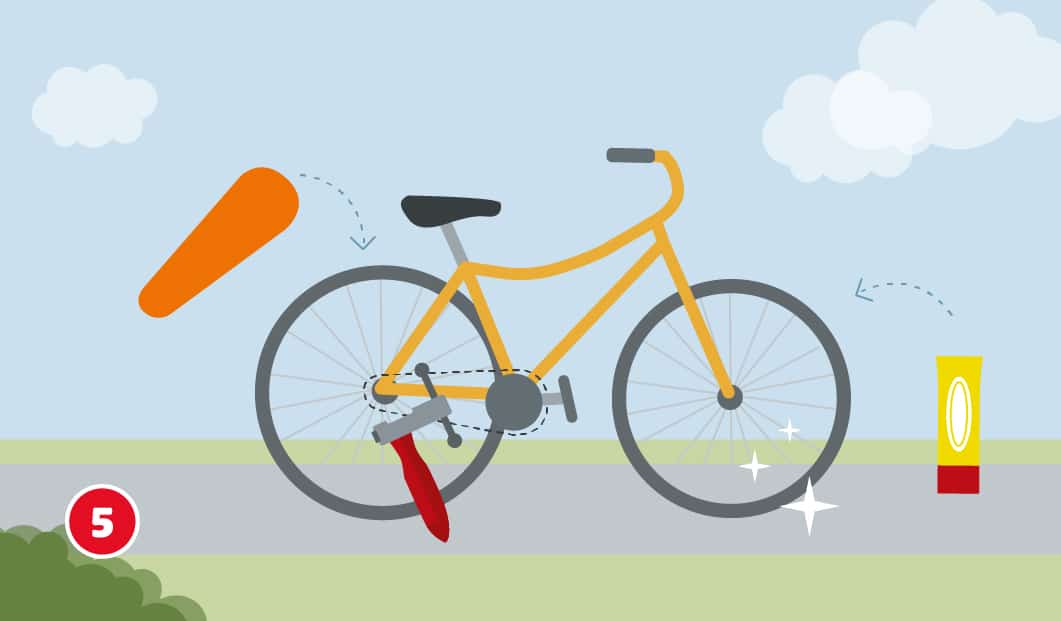 Illustration eines Fahrrads mit montierter Kette, unten links ist ein Kettennieter dargestellt, rechts eine Tube mit Kettenöl und ein Pfeil zur Anwendung, ein Pfeil von der Kettenabdeckung weist darauf hin, dass diese wieder am Fahrrad angebracht werden soll