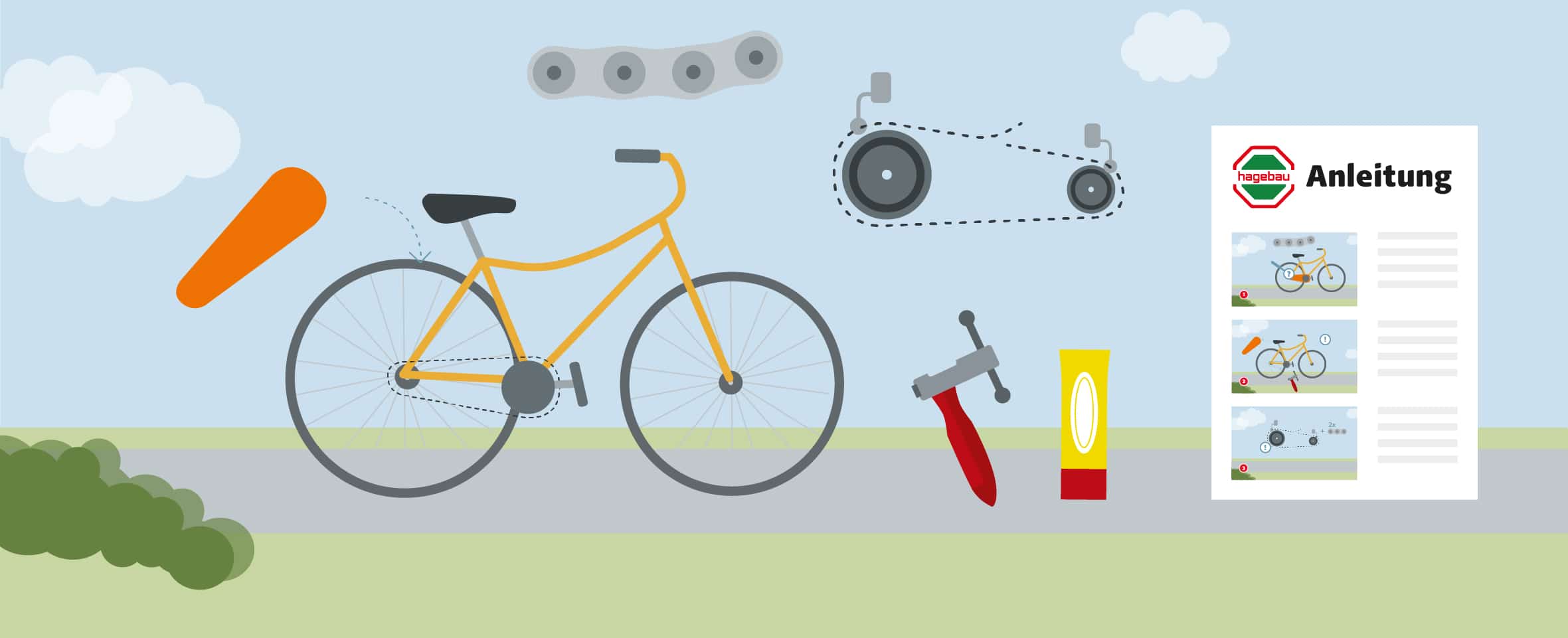 Illustration eines Fahrrads, drumherum einzelne Bauteile wie eine Kette, ein Kettennieter, eine Tube Schmiermittel, eine Kettenabdeckung und eine Anleitung mit hagebau-Logo