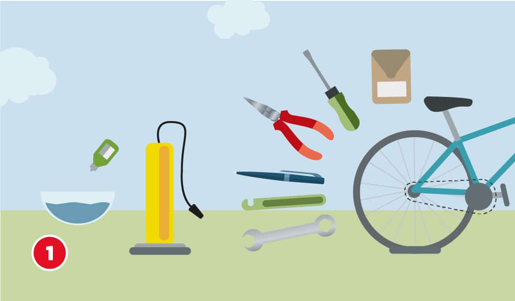 Illustration vom hinteren Teil eines Fahrrads mit plattem Reifen, drumherum eine Luftpumpe, Zange, Schraubenzieher, Schraubenschlüssel, Reifenheber, Kugelschreiber, Flickzeug, eine Luftpumpe, eine klieine Flasche mit Flüssigkeit und eine Schüssel mit Wasser.