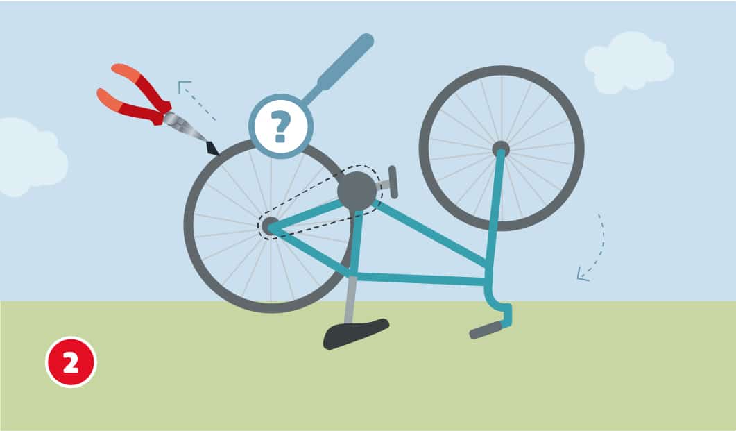 Illustration eines auf den Kopf gestellten Fahrrads, am Hinterrad sind eine Zange und eine Lupe mit einem Fragezeichen dargestellt