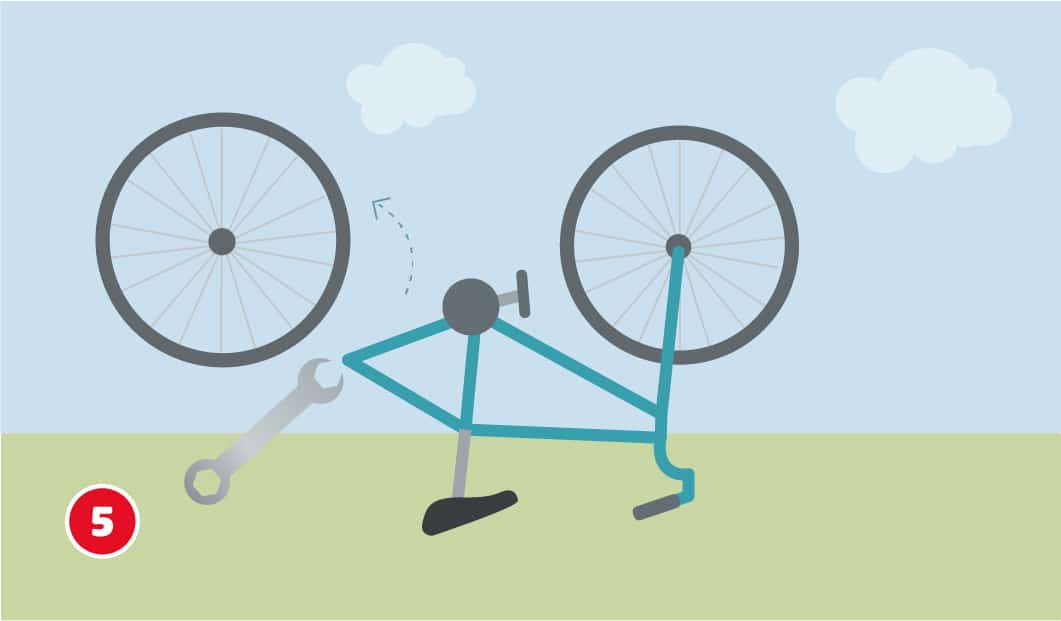 Illustration eines auf den Kopf gestellten Fahrrads, das Hinterrad ist demontiert und links neben dem Fahrrad zu sehen, ein Schraubenschlüssel deutet auf den Ausbau hin, ein Pfeil zeigt die Bewegung des Rads aus dem Rahmen heraus