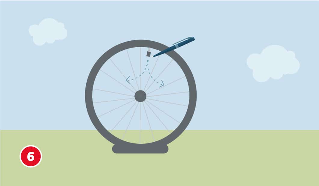 Illustration eines platten Fahrradreifens, der aufrecht auf dem Boden steht, ein Kugelschreiber zeigt auf das Ventil des Reifens, Pfeile deuten an, dass Luft aus dem Ventil entweicht