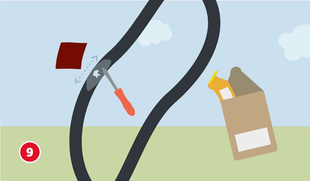 Illustration eines Fahrradschlauchs, an einer markierten Stelle wird mit einem Werkzeug die Oberfläche angeraut, daneben sind ein Stück Schleifpapier und ein Reparatur-Set zu sehen