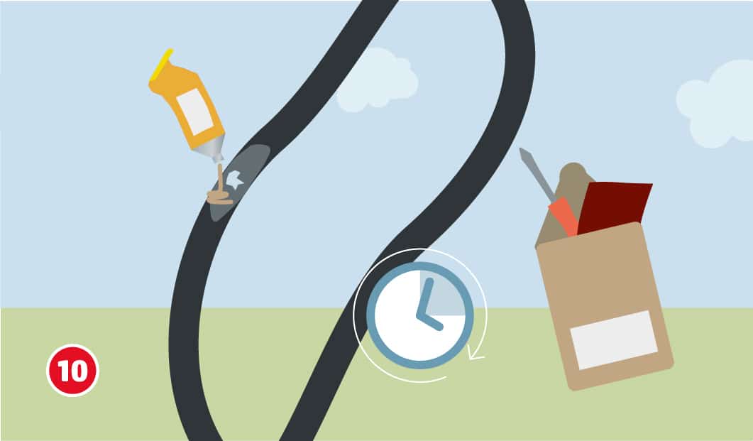 Illustration eines Fahrradschlauchs, an einer angerauten Stelle wird aus einer Tube Vulkanisationskleber aufgetragen, rechts daneben sind ein Reparatur-Set und eine Uhr als Hinweis auf eine einzuhaltenden Wartezeit zu sehen