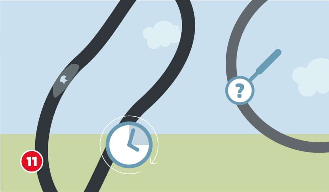 Illustration eines Fahrradschlauchs mit Flicken und ein Symbol einer Uhr, daneben ist ein weiterer Schlauch mit einem Lupen-Symbol zu sehen