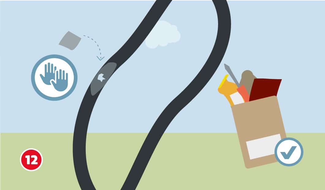 Illustration eines Fahrradschlauchs, auf dem ein Flicken angebracht wird, daneben ist en Symbol mit Händen und ein Reparatur-Set zu sehen