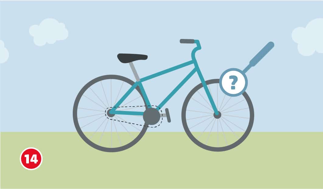 Illustration eines Fahrrads, das wieder intakt ist, ein Symbol einer Lupe mit einem Fragezeichen weist auf drei abschließende Kontrolle hin