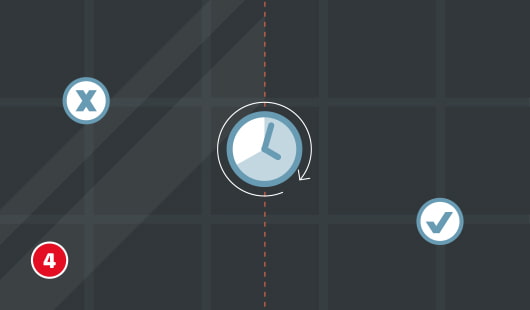 Illustration zum vierten Schritt beim Verfugen von Fliesen. Eine dunkle Fliesenfläche zeigt mittig ein Uhrsymbol mit Pfeil, das auf die notwendige Trocknungszeit der Fugenmasse hinweist. Ein Häkchensymbol markiert korrekt getrocknete Fugen, ein X steht für zu frühes Abwischen