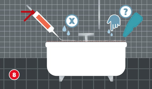 Illustration zum achten Schritt beim Verfugen rund um die Badewanne. Eine Kartuschenpistole trägt Silikon entlang des Wannenrands auf. Symbole zeigen: Wasser direkt auf die frische Fuge ist falsch, das Glätten mit angefeuchtetem Finger oder Fugenglätter muss korrekt erfolgen.