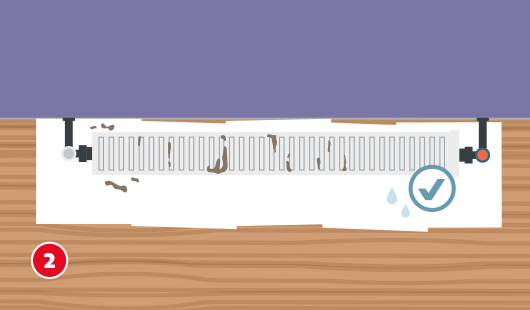 Illustration eines Heizkörpers von oben, in der Abdeckung ist Staub zu sehen, unter dem Heizkörper ist ein Tuch ausgelegt, auf dem Bild ist ein Symbol mit einem Haken