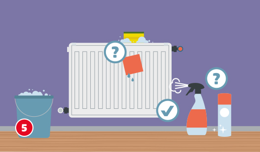 Illustration eines Heizkörpers, der mit einem Schwamm und einem Tuch gesäubert wird, links steht ein Eimer mit Seifenwasser, rechts eine Sprühflasche und Reinigungsmittel