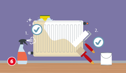 Illustration eines dreckigen Heizkörpers, der mit einer Sprühflasche und einem Schwamm gereinigt und anschließend mit Pinsel und Farbroller gestrichen wird