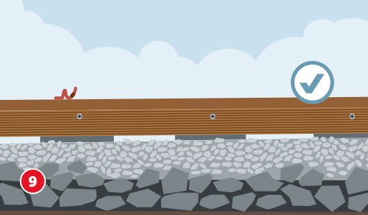 Eine schematische Darstellung zeigt das Verblenden der Seiten einer Holzterrasse. Eine senkrecht montierte Holzblende verdeckt die Unterkonstruktion aus Schotter und Gehwegplatten. Die Blende ist mit Schrauben befestigt. Auf der Terrasse sitzt ein Regenwurm. Ein Haken-Symbol bestätigt den fertigen Abschluss. Unten links ist ein roter Kreis mit einer weißen 9