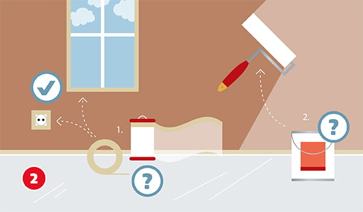 Illustration einer Zimmerwand, die mit einem Farbroller gestrichen wird, die Fußleiste, Steckdose und der Fensterrahmen sind mit Malerkrepp agbeklebt, dieses ist zusammen mit Abdeckfolie und einem Farbeimer im Vordergrund zu sehen