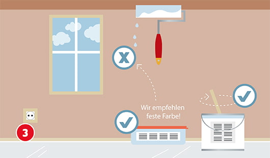 Illustration einer Zimmerwand, die mit einem Farbroller gestrichen wird, von dem Farbe tropft, auf dem Boden stehen zwei Eimer und es ist der Hinweis "Wir empfehlen feste Farbe" zu lesen