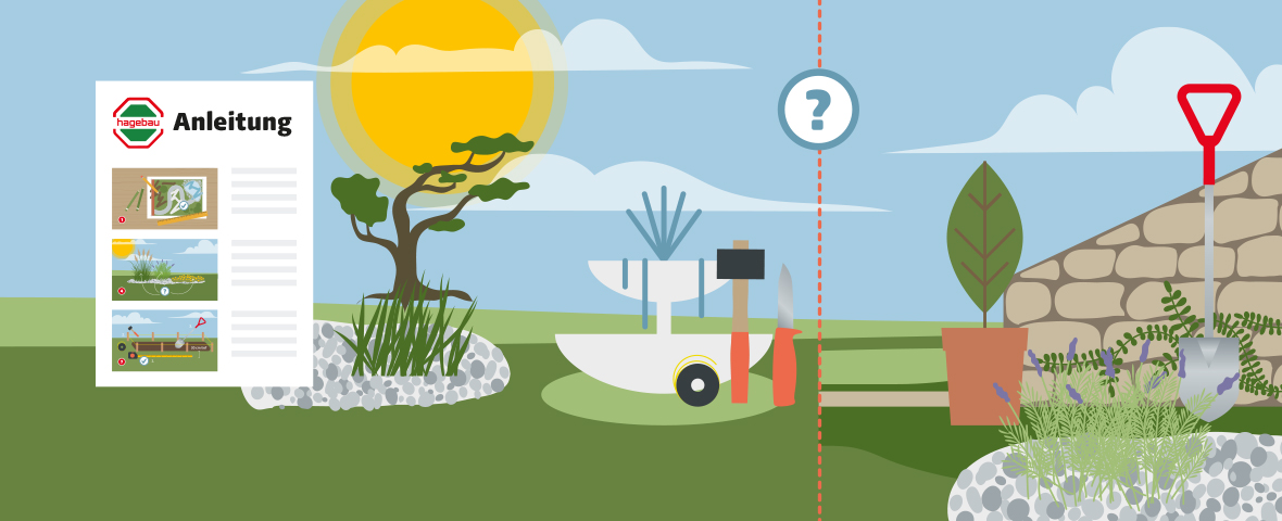 Illustration einer Hagebau-Anleitung zum Anlegen eines Kiesbeets. Links ist eine Anleitung mit drei bebilderten Schritten zu sehen. Davor liegt ein Werkzeugset mit Hammer, Messer, Hacke und Rechen. In der Mitte steht ein stilisiertes Kiesbeet mit Bonsai und Ziergräsern auf einer runden Kiesfläche, beleuchtet von der Sonne. Rechts davon wird der Gartenboden mit einem Spaten vorbereitet, Pflanzen stehen bereit. Ein Trennstrich mit Fragezeichen deutet auf die wichtige Planung der Beetfläche hin.