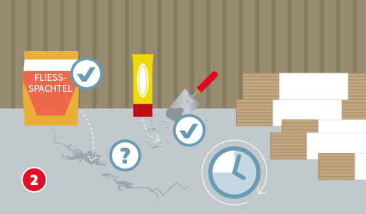 Illustration zum zweiten Schritt beim Verlegen von Vinylboden. Auf einem rissigen Boden wird Fließspachtel mit Spachtelmasse und einem Spachtel zur Ausbesserung verwendet. Ein Fragezeichen kennzeichnet den Schadbereich, Häkchensymbole markieren korrekte Materialien und Vorgehen. Eine Uhr symbolisiert die notwendige Trockenzeit. Daneben liegen gestapelte Vinylpaneele.