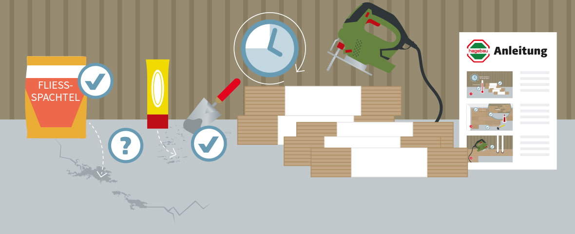 Illustration zur Vorbereitung für das Verlegen eines Vinylbodens. Auf einem rissigen Untergrund wird mit Fließspachtel, Spachtelmasse und einem Spachtel gearbeitet. Symbole mit Häkchen und Fragezeichen markieren korrektes und zu beachtendes Vorgehen. Eine Uhr zeigt die Trocknungszeit an. Daneben liegen gestapelte Vinylpaneele und eine Stichsäge. Rechts steht ein Anleitungsblatt mit dem „hagebau“-Logo und drei bebilderten Schritten.